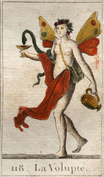 Representación de la Voluptuosidad, mujer desnuda coronada con rosas, sostiene una copa donde una serpiente bebe un delicioso néctar. De “Mitología de la juventud” por Pierre Blanchard 1803. de French School