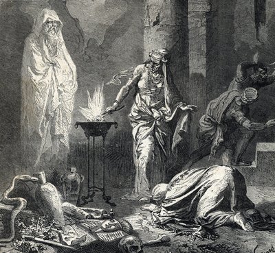 Representación de la Bruja de Endor (o Pitonisa de Endor), pueblo cananeo mencionado en el primer libro de Samuel (Biblia) que posee un talismán con el que llama al fantasma del profeta Samuel recién decedido, a petición de Saúl, rey de Isr de French School