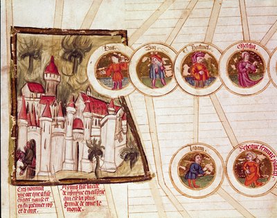 Representación de la ciudad de Nimrud (Kalkhu o Kalhu o Kalwakhum y Kalakh) y la genealogía de la familia de Labán y Rebeca Página tomada del manuscrito “Genealogía de la Biblia” de la escuela francesa. Siglo XIV Cremona, biblioteca gubernativa de French School