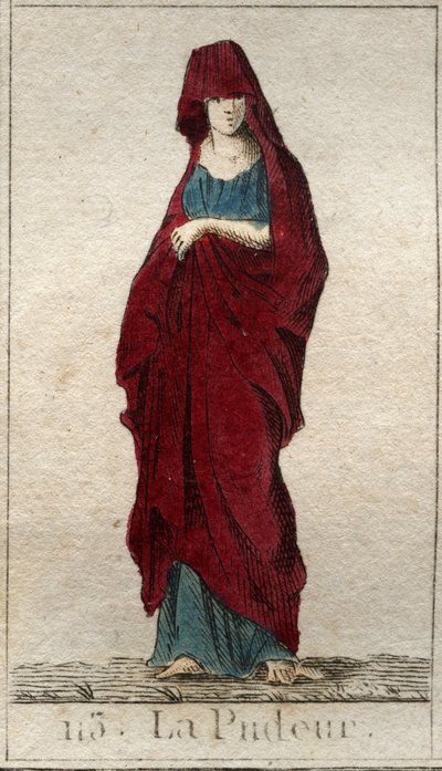 Representación de la deidad de la Modestia, una joven con el rostro cubierto con un velo. De 