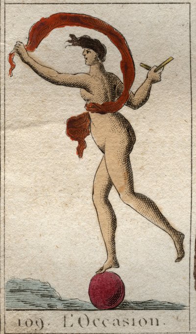Representación de la deidad de la Ocasión, una joven calva, con un mechón de cabello para poder agarrarla, se escapa en una rueda, sostiene una navaja y un velo de French School