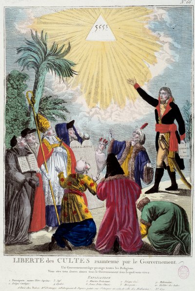 Representación de la libertad de culto de todas las religiones mantenida por Napoleón Bonaparte (1769-1821): el primer Cónsul indica el triángulo de la Trinidad simbolizando a Dios llegando por los representantes de cada religión: obispo católico, un judío de French School