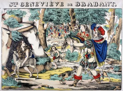 Representación de la leyenda de Santa Genoveva de Brabante. Escena del encuentro entre Genoveva abandonada en el bosque y su esposo. Imagen de Epinal de French School