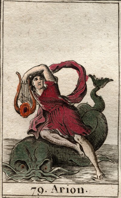 Representación del legendario poeta griego Arion de Methymne, encantador de delfines con su cítara. De “Mitología de la juventud” por Pierre Blanchard 1803 de French School