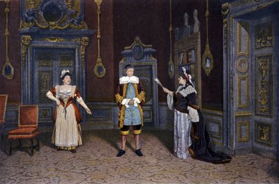 Representación de la obra "Las mujeres sabias" de Jean Baptiste Poquelin dit Moliere (1622-1673) en la Comédie-Française alrededor de 1885-1890. De izquierda a derecha: Sra. Rachel Boyer, Sr. Leloir, Sra. Blanche Pierson de French School