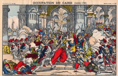 Representación de la revuelta de los habitantes de El Cairo contra la ocupación francesa liderada por Bonaparte el 21 de octubre de 1798. Imagen de Epinal de French School