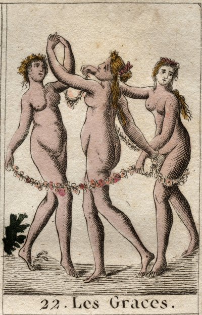 Representación de las tres Gracias: Aglae, Thalie y Eufrosina, hijas de Venus y Baco. De “Mitología de la Juventud” por Pierre Blanchard 1803. de French School