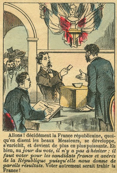 La Francia republicana merecía el voto de los franceses. Grabado, en "Le Figaro, suplemento", el 30/03/1889, París. Coll. Selva. de French School