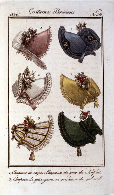 Modo de restauración: diferentes modelos de sombreros para mujer en crepé, gasa, terciopelo. Grabado de 1820 de French School