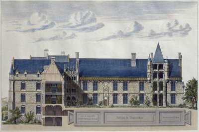 Restauración del Chateau de Chateaudun, ilustración de Le Moniteur des architectes, grabado por H. Penel de French School