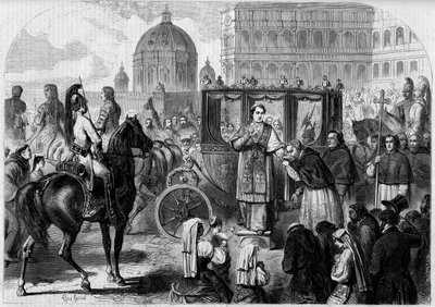 Retorno del Papa Pío IX (1792-1878) a Roma. Grabado en “El Mundo Ilustre” n°65 del 26 de junio de 1858. de French School