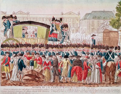 Regreso de la familia real francesa a París, 25 de junio de 1791, el grupo cruza la Place de la Concorde (grabado) de French School