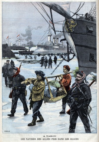 Revuelta de los Bóxers (1898-1900) los barcos de los aliados en el hielo Atakou. en "Le Petit Parisien" de French School