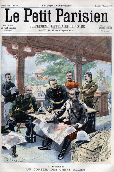 Rebelión de los Bóxers: Un consejo de los jefes aliados (francés, ruso, americano, inglés, japonés) (CONSEJO DE GUERRA ALIADO) - en "Le Petit Parisien" de French School