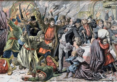 Revolución de 1905 - Campesinos rusos sublevados invadiendo una casa de campo. Jacquerie en las provincias rusas. Invasión de un castillo por campesinos rusos sublevados. Ilustración para Le petit Journal, 2 de abril de 1905. de French School