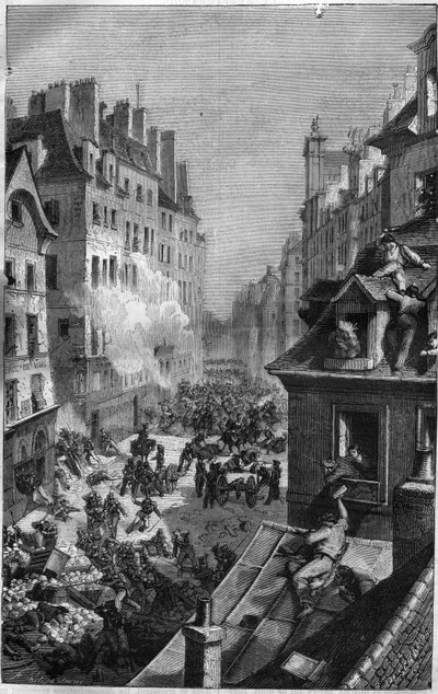 Revolución de 1830: lucha en el faubourg Saint Antoine. Grabado en “Historia de los Papas-Reyes-Reinas y Emperadores a través de los siglos” de Maurice Lachatre de French School