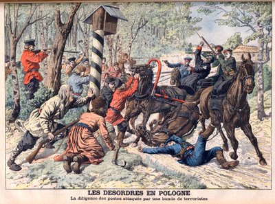 Revolucionarios en Polonia - Terroristas atacando una diligencia en Polonia. Los desórdenes en Polonia. Diligencia de correos atacada por una banda de terroristas. Ilustración para Le petit Journal. de French School