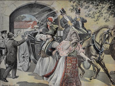 Ataque con revólver a Milan Obrenovich (1854-1901) ex rey de Serbia (1882 a 1889) el 7 de julio de 1899 en las calles de Sofía. Grabado en 