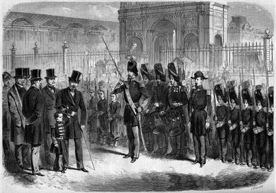 Revisión de los pupilos de la guardia imperial por el Príncipe Imperial, Napoleón Eugenio Luis Juan José Bonaparte (1856-1879), hijo de Napoleón III, 15 de febrero de French School