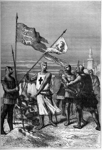 Ricardo Corazón de León o Ricardo I Corazón de León (1157-1199) Rey de Inglaterra, mostrado retirando el estandarte del archiduque Leopoldo V, Duque de Austria - grabado en “L