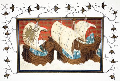 Ricardo II y su flota desembarcando en Milford Haven, copia facsímil de Le Prinse et Mort du Roy Richart por Jean Creton, reimpreso en el siglo XIX de French School