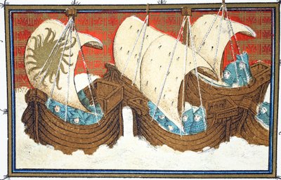 Ricardo II y su flota desembarcando en Milford Haven, copia facsímil de Le Prinse et Mort du Roy Richart por Jean Creton, reimpreso en el siglo XIX de French School