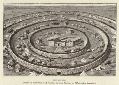 Anillo de los Hunos. Fortificaciones en forma de anillo protegiendo un asentamiento de los Hunos (grabado) de French School