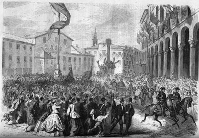 Risorgimento - Anexión de Venecia a Italia - 1866: entrada del rey italiano Vittorio Emanuele II (1820-1878) a Rovigo. Grabado en 