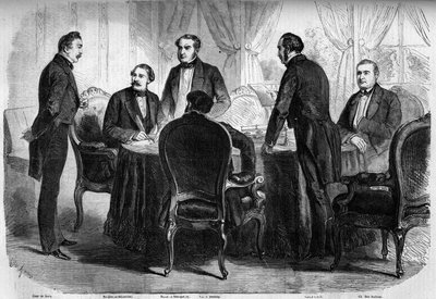 Risorgimento - Tratado de Zúrich - 10 de noviembre de 1859: firma del Tratado de Zúrich por los plenipotenciarios de Francia, Austria y Cerdeña. Austria debe abandonar Lombardía a Italia. Grabado en “Le Monde Illustré” n°136 del 19 de noviembre de 1859. de French School