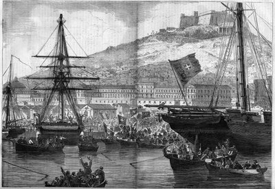 Risorgimento, Nápoles, 21 de octubre de 1860: voto de la marina sobre la anexión de la ciudad al Reino de Italia. Grabado en 