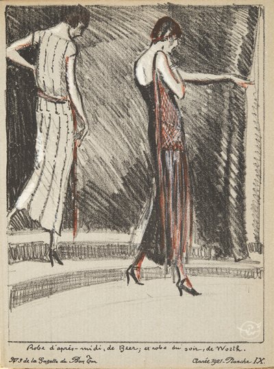 Apres Midi Dress, de Beer, y Evening Dress, de Worth, de una colección de láminas de moda de French School