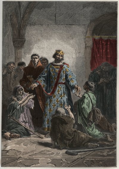Roberto II el Piadoso (972-1031), rey capeto de Francia en 996-1031, tenía un sentimiento amable hacia los débiles y pobres - grabado de 