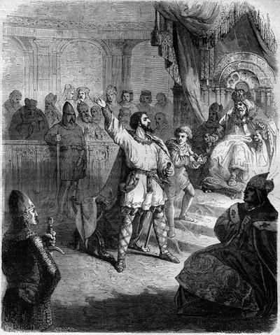 Roberto de Altavilla, el Guiscardo (1015-1085) se reconoce como vasallo del Santo Sede. Grabado en “Historia de los Papas-Reyes-Reinas y Emperadores a través de los siglos” de Maurice Lachatre de French School