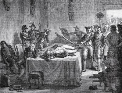 Robespierre esperando la ejecución tras dispararse en la mandíbula en 1794 de French School