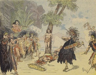 Robinson Crusoe mata al jefe caníbal y salva la vida de Viernes (litografía en color) de French School