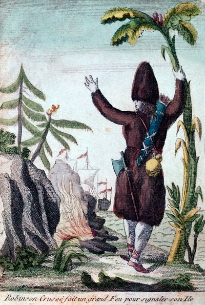 Robinson Crusoe hace un fuego para llamar la atención sobre su isla, Imagerie Basset de French School