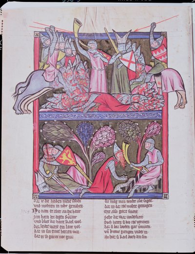 Roland toca el cuerno en Roncevaux, ilustración de La Canción de Roland, copia de un manuscrito original conservado en Saint-Gall en Suiza de French School