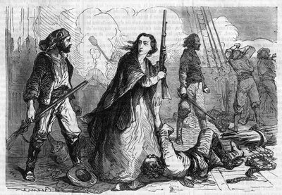 Serie romana: “Memorias de Joseph Garibaldi” de Alexandre Dumas (1802-1870). Anita Garibaldi (1821-1849), esposa de Giuseppe Garibaldi, participando en la batalla, con un rifle en la mano. Grabado en “Les bons romans” de French School