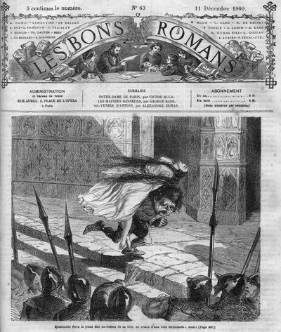 Serie romana: “Notre Dame de París” por Victor Hugo (1802-1885). Quasimodo y Esmeralda. Grabado en “Les bons romances” de French School