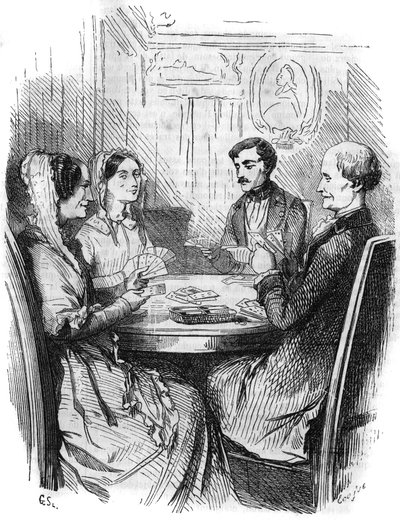 Serie romana: “El Conde de Montecristo” (Monte-Cristo) por Alexandre Dumas (1802-1870). Un juego de cartas entre cuatro personajes. Grabado en “Les bons romans” de French School