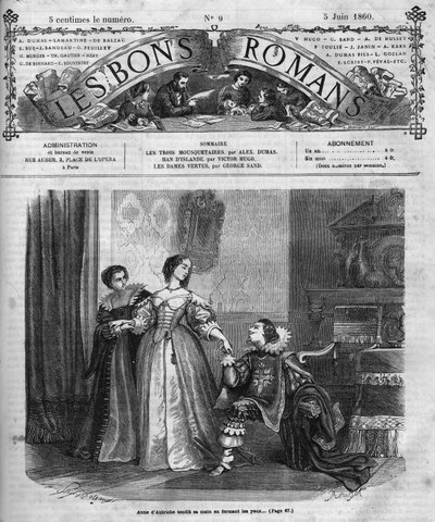 Serie de novelas: “Los Tres Mosqueteros” por Alexandre Dumas padre (1802-1870). Ana de Austria (1601-1666) presenta al Duque de Buckingham (Georges Villiers) una caja que contiene sus diamantes. Ilustración del Capítulo XII. Grabado en “Les bons romances” de French School