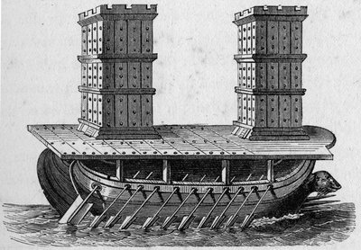 Barco romano a torres. Grabado en “La Marina y las colonias: comercio de French School