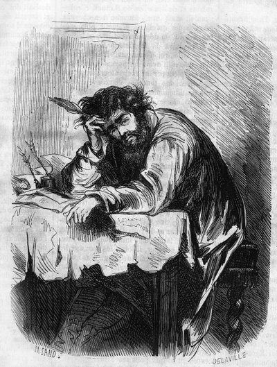 Novela romana: “Horace” de George Sand (Aurore Dupin, Baronne Dudevant) (1804-1876). “Horace estaba comprometido en ensayos literarios.” Grabado en “Les bons romances” de French School