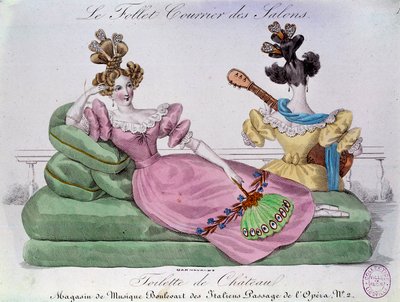 Moda romántica: Tocador del castillo. Dos mujeres con peinados extravagantes en un canapé. Grabado del siglo XIX. París, Museo Carnavalet de French School