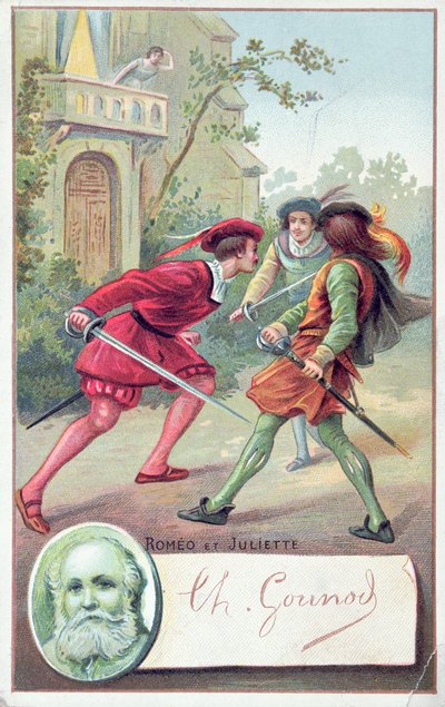 Romeo luchando contra Tybalt en la ópera Romeo y Julieta de Gounod adaptada de la obra de William Shakespeare de French School