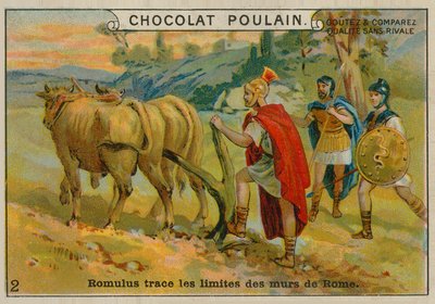 Rómulo estableciendo los límites de Roma, tarjeta comercial de Chocolat Poulain de French School
