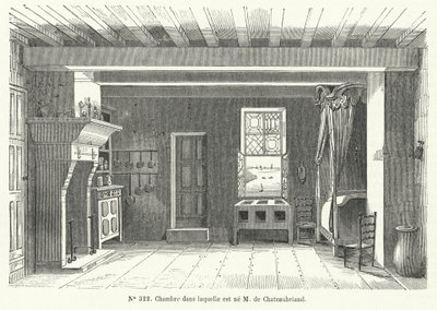Habitación en el Hotel de Francia en St Malo, Bretaña, donde nació el escritor y político francés François-René de Chateaubriand (grabado) de French School