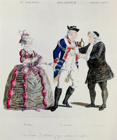 Rosine, Conde Almaviva y el Doctor, escena del Acto II escena 13 de El Barbero de Sevilla de Pierre Augustin Caron de Beaumarchais de French School