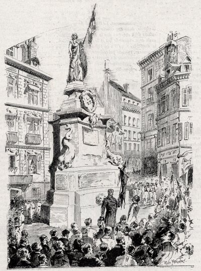 Ruan: miembros de la Liga de Patriotas frente a la estatua de Juana de Arco - dibujo de Paul Merwart para el monitor ilustre de la Liga de Patriotas - 1884 de French School