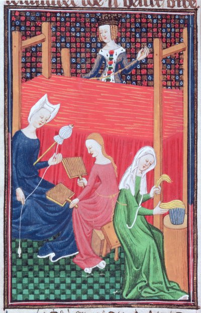 Roy 16 G V f.56 Gaia Caecilia o Tanaquil, con telar y mujeres hilando, de `De Claris Mulierbus